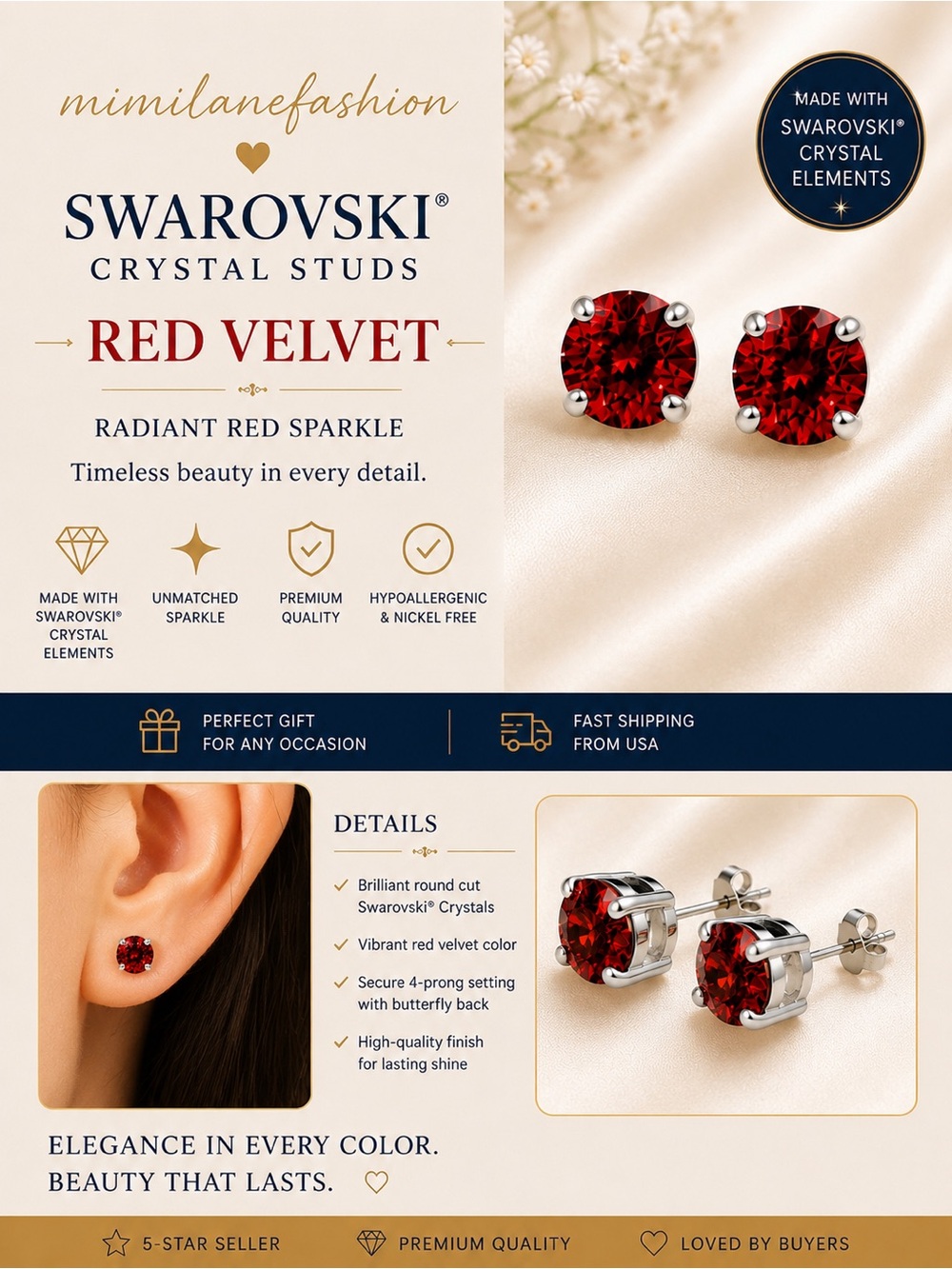 Red Velvet Round Crystal Stud Earrings